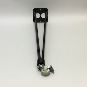 May include: Black metal table leg with a square mounting plate and a caster wheel.