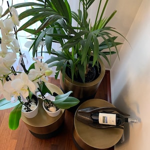 May include: Three gold and black round side tables with a white orchid plant on one table and a bottle of wine in a wooden holder on another table.