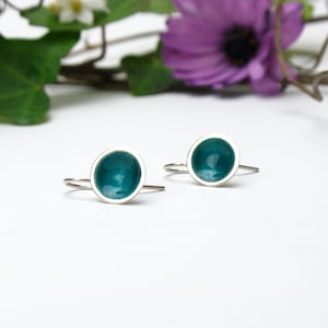 Silver earrings hanging, half shells made of sterling silver and enamel color green-blue, gift for her handmade, hanging earrings