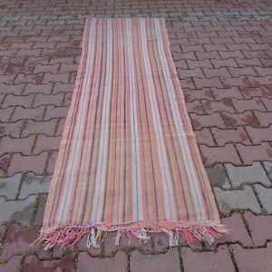 Striped Pink Kilim Runner, Hand Made Kilim Runner, Vintage Hallway Rug, Short Runner Rug 8x2.7 Corridor Rug, Staircase Rug,Aisle Runner a690