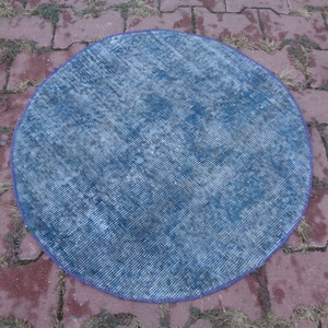 Blue Circle Rug, Vintage Round Rug, Handcrafted Circular Rug, Anti-slip Kitchen Rug 2.3x2.3 Cute Round Carpet, Wool Bath Mat, Entry Rug f92