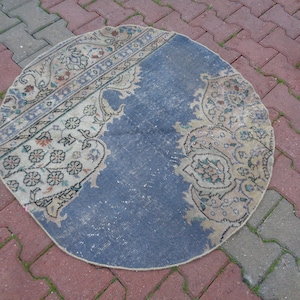 Blue Round Rugs For Foyer, Circle Rug Bedroom, Circular Rug Bathroom, Vintage Round Kitchen Carpet 3.3x3.2 Valentine&#39;s Day Gift, Bath MatL27