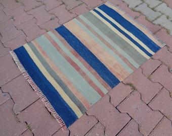 Blue Kilim Door Mat, Striped Mini Kilim Rug, Small Rug, Entryway Rug, Tiny Porch Rug, Bath Mat, Muted Outdoor Mat 2.8 x 2 Little Carpet c46