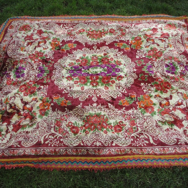 Bedcover,vintage bedspread,coverlet,table cover,wall hanging rug made of velvet,vintage tablecloth,79 x 62 inches,with dancing couples !!!