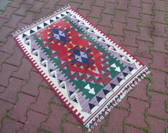 2.3x3.6 Deep Red & Green Vintage Kilim Rug, Handmade Entry Rug, Rustic Balcony Decor, Bath Mat, Non-Slip Kitchen Rug, Gifts For Mom KENZ