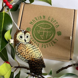 Handmade Pottery Christmas Owl Decoration: Stoneware Hanging Ornament
