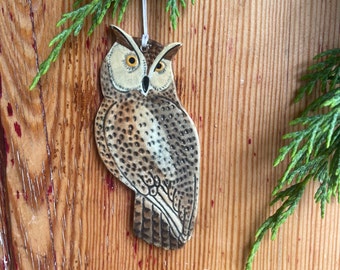 Horned Owl Handmade Hanging Decoration / Letterbox Gift/Porcelain,pottery,ceramic woodland animal gift.enchanted forest decor