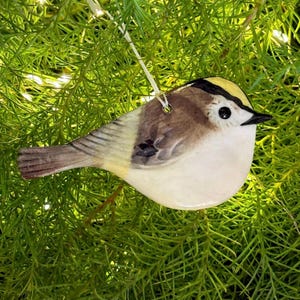May include: A ceramic bird ornament with a white belly, brown back, and yellow head. The bird has a black beak and eye, and is hanging from a white string. The ornament is set against a backdrop of green foliage.