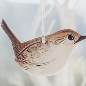 Puede incluir: Adorno de cerámica con forma de pájaro, en tonos marrón y crema. El pájaro presenta detalles intrincados, incluyendo un ojo oscuro y un pequeño pico. Cuelga de un hilo blanco fino, ideal para la decoración. El adorno es para decoración de interiores.