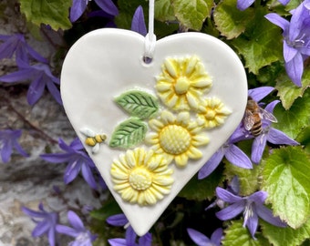 Yellow pottery ornament.Porcelain easter heart decoration with bee.Hand made ceramic mothersday/valentines gift