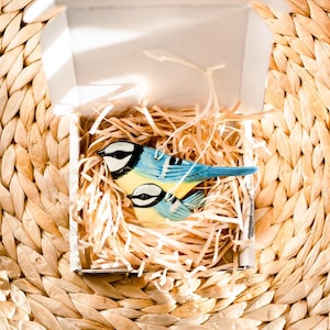 May include: Two blue and yellow bird ornaments with black detailing are presented in a white box with straw. The birds are designed to hang. The box is placed on a woven, light brown surface.