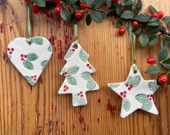 Set of 3 hand made red berry porcelain Christmas decorations.pottery, gift set.tree,heart,star.white,red and green ceramic hanging ornament