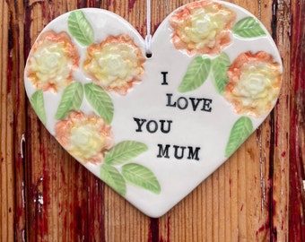 Mother's Day Love: Handcrafted Porcelain Heart with Jacob's Coat Roses