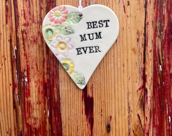 Mother's Day Love: Handcrafted Porcelain Heart with spring flowers