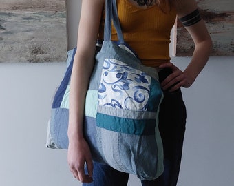 Upcycled linen tote, blue summer bag, scrap bag, sustainable fashion, slow fashion