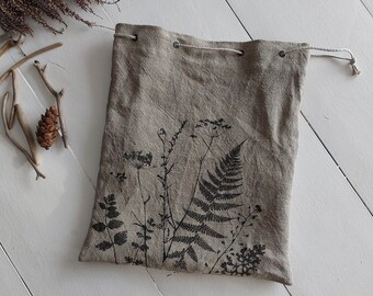 Linen bag, cloth project bag, botanical pattern