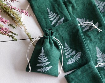 25 small green aroma sachets, linen bags bulk, fern pattern bag