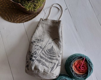 Linen bag, project bag, small linen tote bag, botanical pattern