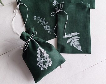 5 linen bags, green favor bag, nature inspired linen bag