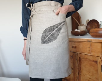 Linen apron with leaf pattern, waist apron