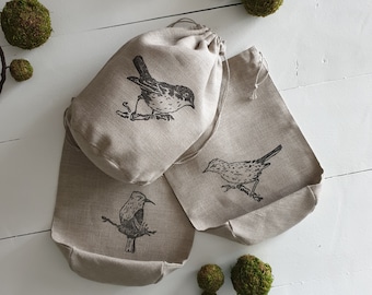 Bird print linen bag, 3 pcs, raw linen bag