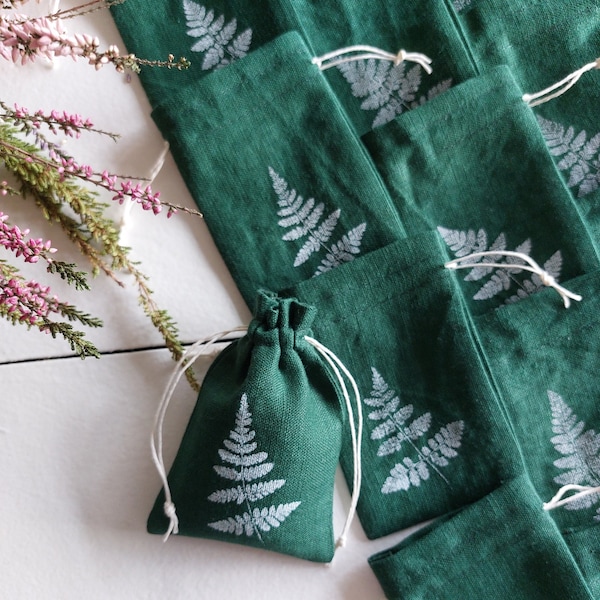 25 small green aroma sachets, linen bags bulk, fern pattern bag