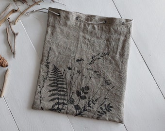 Linen bag, small tote bag, botanical pattern