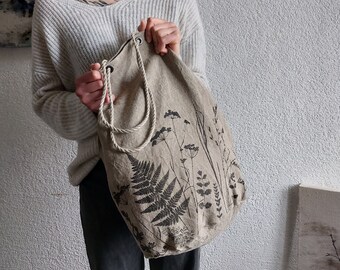 Linen tote bag, summer bag, botanical pattern