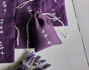 Bolsita de lino con diseño de lavanda: Bolsita aromática vacía, color morado y blanco.