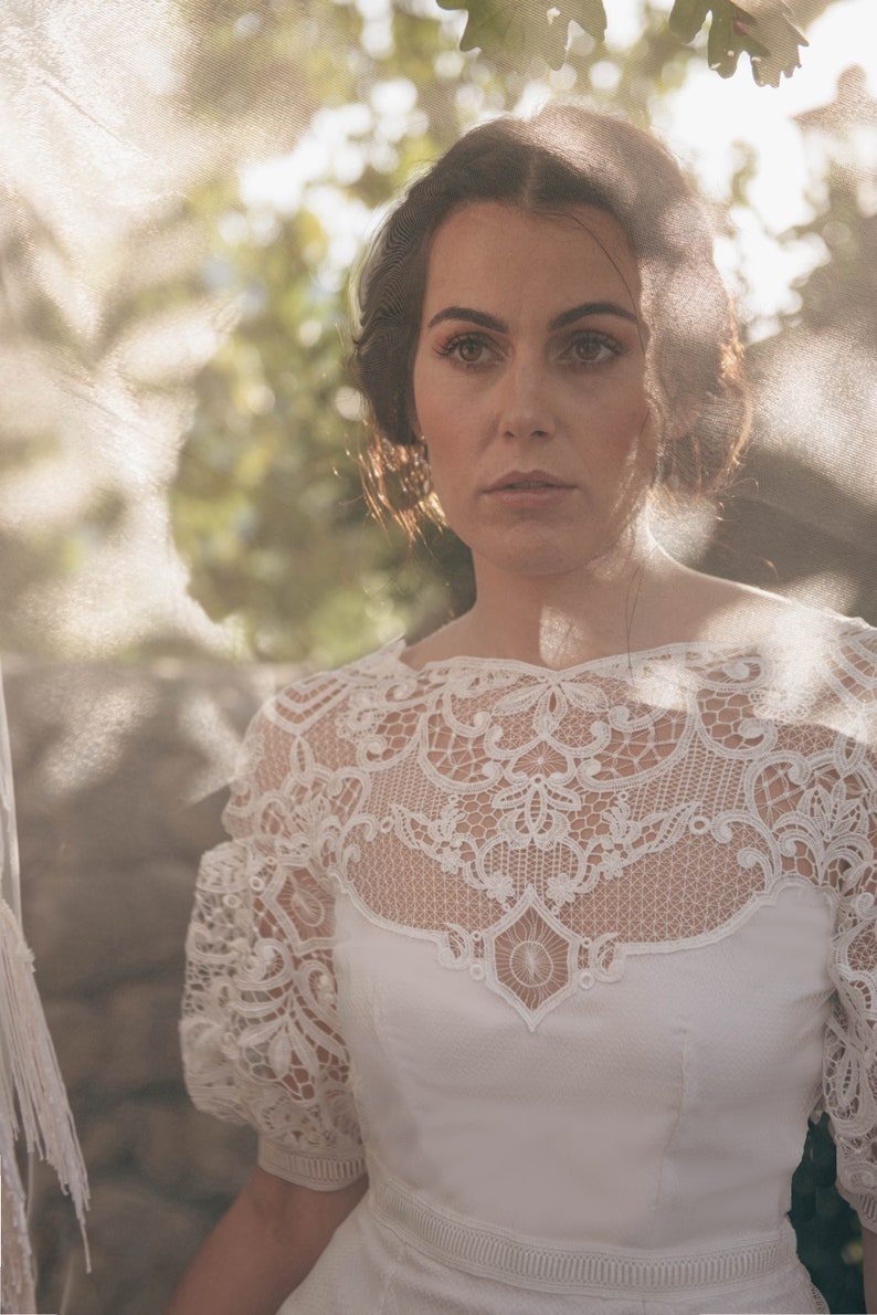 Boho chic wedding dress, vintage wedding dress, made in Italy, haute couture wedding dress, modern romantic wedding dress, lace silk wedding dress image 8