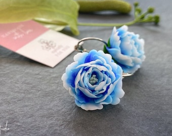 Blue flower earrings Blue polymer clay flowers Blue polymer clay earrings Blue peony clay earrings Blue rose clay earrings Clay flowers gift