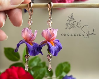 Earrings with realistically iris handmade Flower jewelry polymer clay earrings Pink Purple Violet Orange long Dangle earrings Iris   jewelry