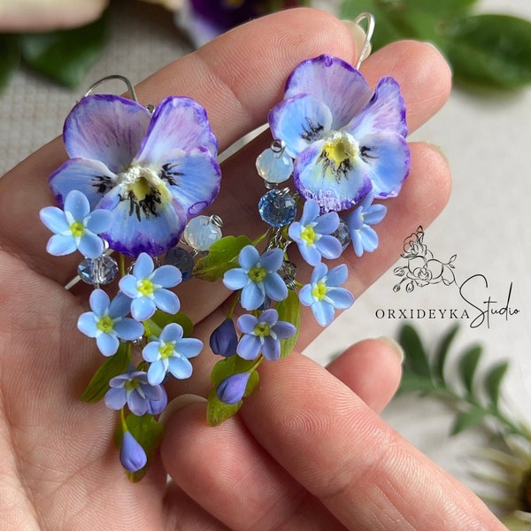 Delicate Handmade dangle earrings with forget me not pansy, jewelry bride with Sky blue purple Polymer clay flowers, Bridesmaid Gift for her