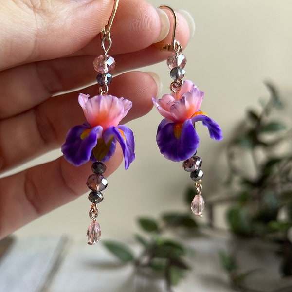 Dangle earrings with realistiс iris handmade polymer clay. Unique jewelry with Pink Purple flower. Delicate floral earrings gift for her