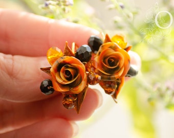 Rose earrings Polymer clay earrings Gift for sister Elegant earrings Flower earrings Dainty flowers Black orange roses Earrins with flower