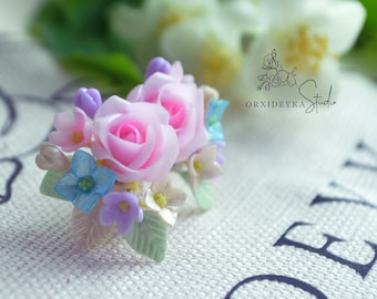 Delicate Handmade stud earrings with soft pink roses polymer clay. Pastel bridal jewelry for the bride. Unique Gift for her.