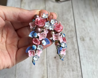 Elegant Handmade Floral Dangle Earrings with Polymer Clay. Delicate bridal jewelry with Burgundy Pink Roses, hydrangea and blue leaves