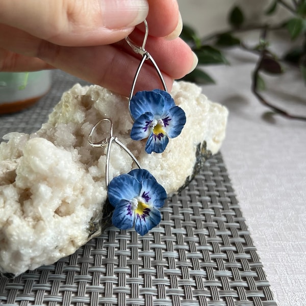Handmade Floral Geometric Dangle Earrings with Polymer Clay. Delicate everyday minimalist jewelry with dark Blue Pansy gift for her