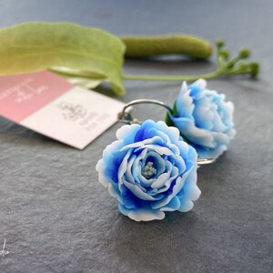 Blue flower earrings Blue polymer clay flowers Blue polymer clay earrings Blue peony clay earrings Blue rose clay earrings Clay flowers gift