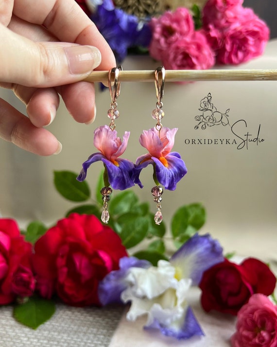 Earrings with realistically iris handmade Flower jewelry polymer clay  earrings Pink Purple Violet Orange long Dangle earrings Iris jewelry