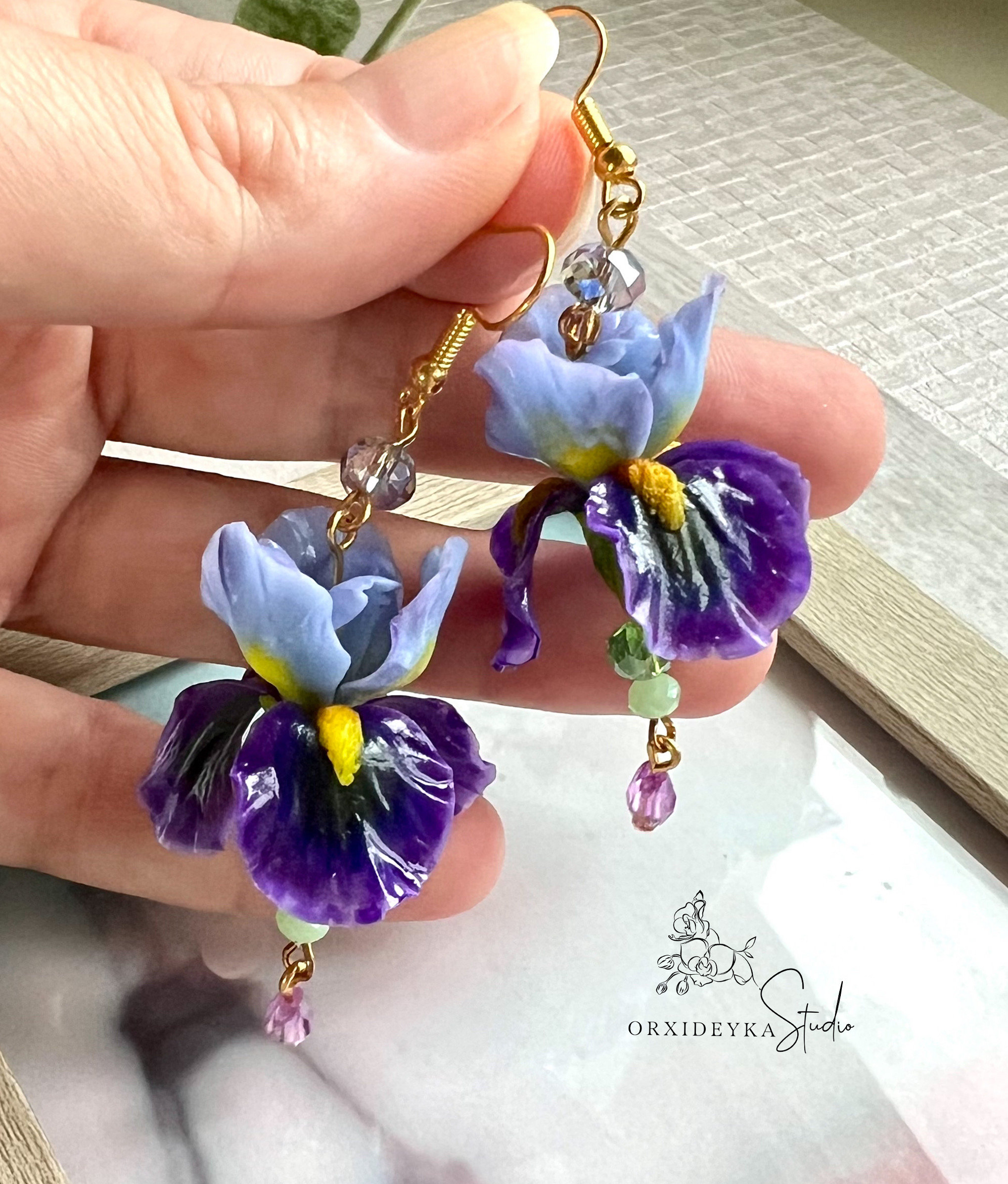 Earrings With Realistically Iris Handmade Flower Jewelry Polymer