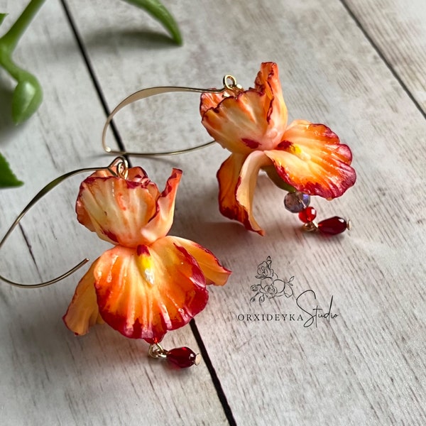 Handmade Polymer Clay Iris Dangling Earrings, Yellow Orange Burgundy, Exclusive Floral Gift for Her, realistically Flower Jewelry for Bride