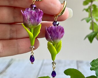 Handmade Dangling Earrings with Polymer Clay Purple Tulip, Exclusive Floral  Gift for Her, realistically Flower Jewelry