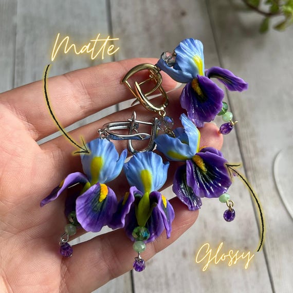 Earrings With Realistically Iris Handmade Flower Jewelry Polymer