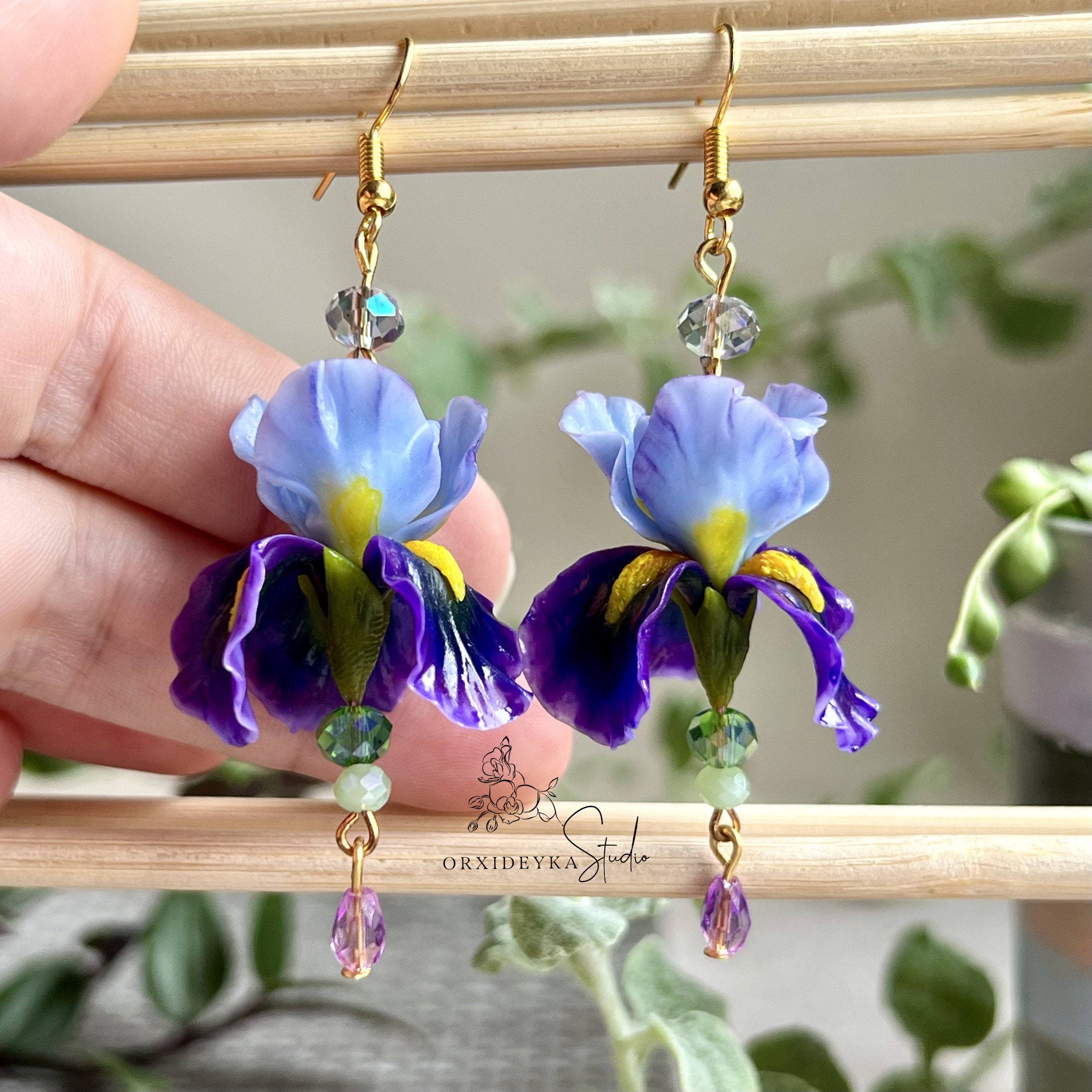 Earrings With Realistically Iris Handmade Flower Jewelry Polymer