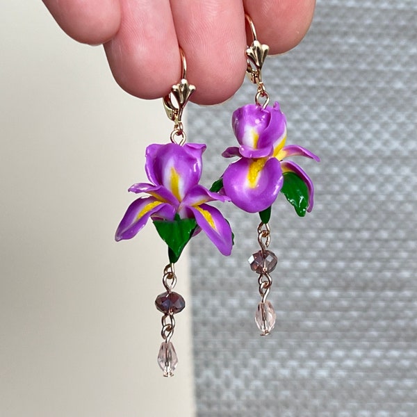 Iris earrings Iris jewelry Iris flower earrings Polymer clay earrings Handmade earrings Iris flower jewelry Dangle iris earrings