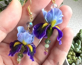 Earrings with realistically iris handmade Flower jewelry polymer clay earrings Blue Purple Violet Yellow long Dangle earrings Iris jewelry