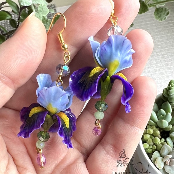 Earrings with realistically iris handmade Flower jewelry polymer clay earrings Blue Purple Violet Yellow long Dangle earrings Iris jewelry