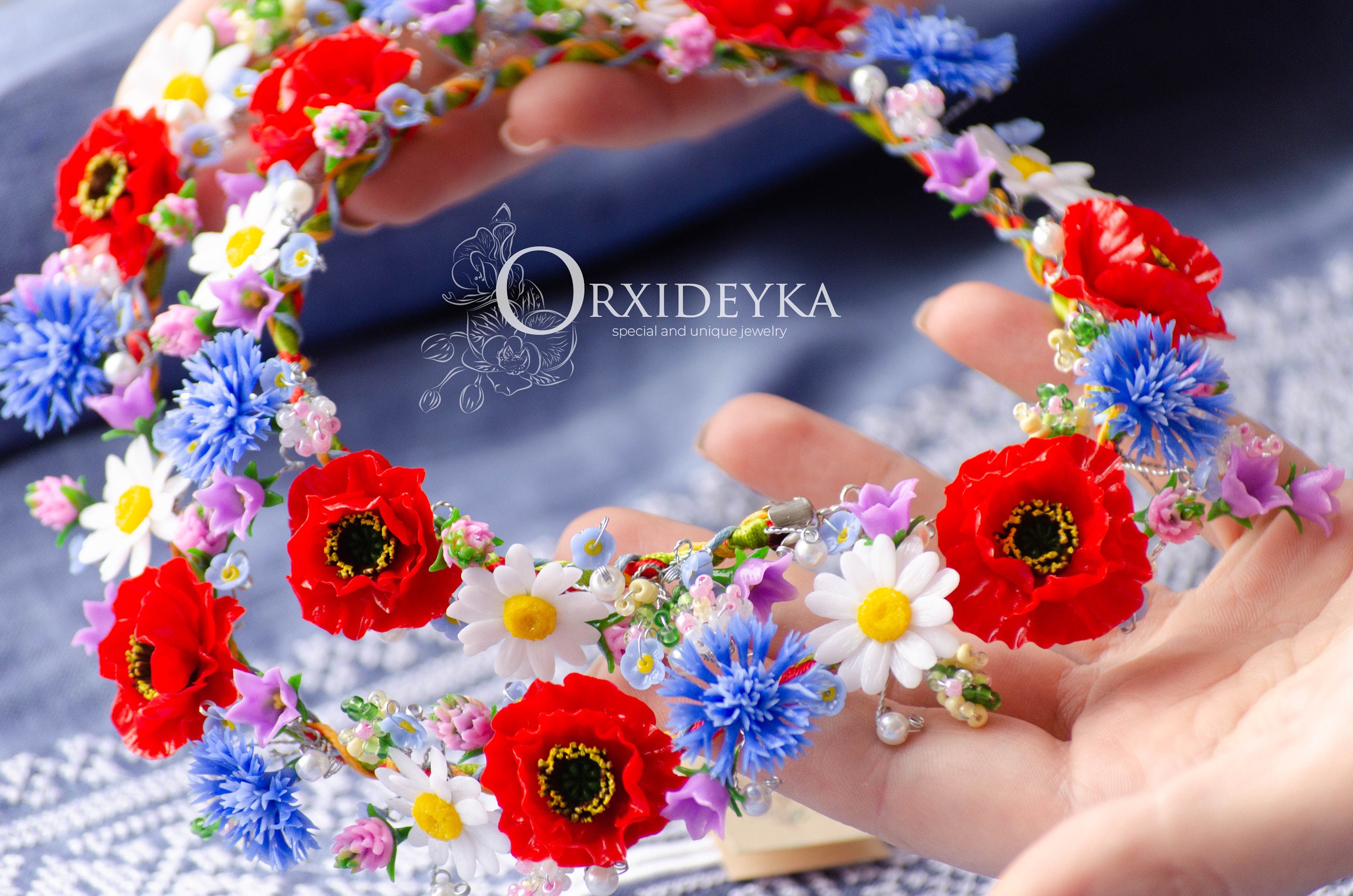 Handmade Red poppy and blue cornflower White daisy Flower Ukrainian necklace Floral jewelry romantic