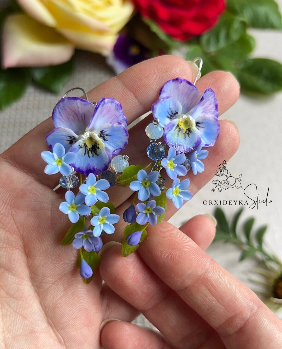 Tiny Wooden Bear Handmade Forget Me Not Earrings – Blue Flower Studs, Surgical Steel